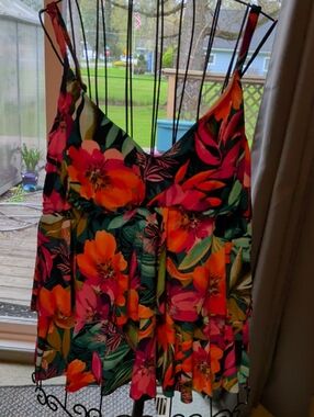 Floral Ruffle Tankini Top in Bright Orange & Pink